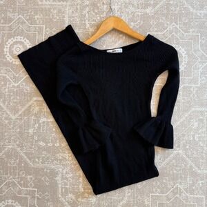 Zara Knit Black Ribbed Bell Sleeve Midi Dress Size S Flared sleeves‎